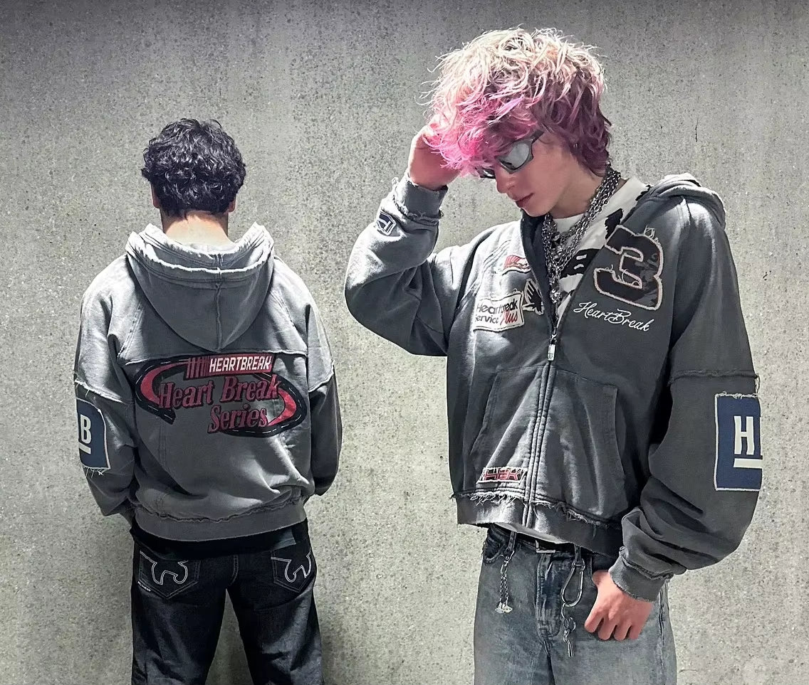 Y2K Zip up Hoodie Oversized Pattern Letter Patchwork New Sweatshirt Hoodie Men and Women Gothic Long Sleeved Hoodies Streetwear