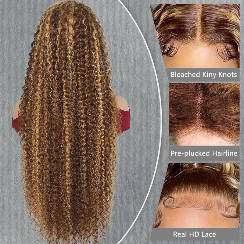 Fysin Hair Highlight 13X4 Transparent HD Lace Front Wig Wet and Wavy Human Hair Ombre Honey Blonde Deep Wave Lace Frontal Wigs for Women 200% Density