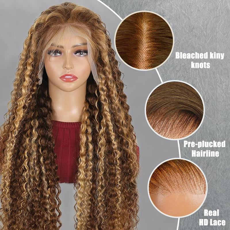Fysin Hair Highlight 13X4 Transparent HD Lace Front Wig Wet and Wavy Human Hair Ombre Honey Blonde Deep Wave Lace Frontal Wigs for Women 200% Density