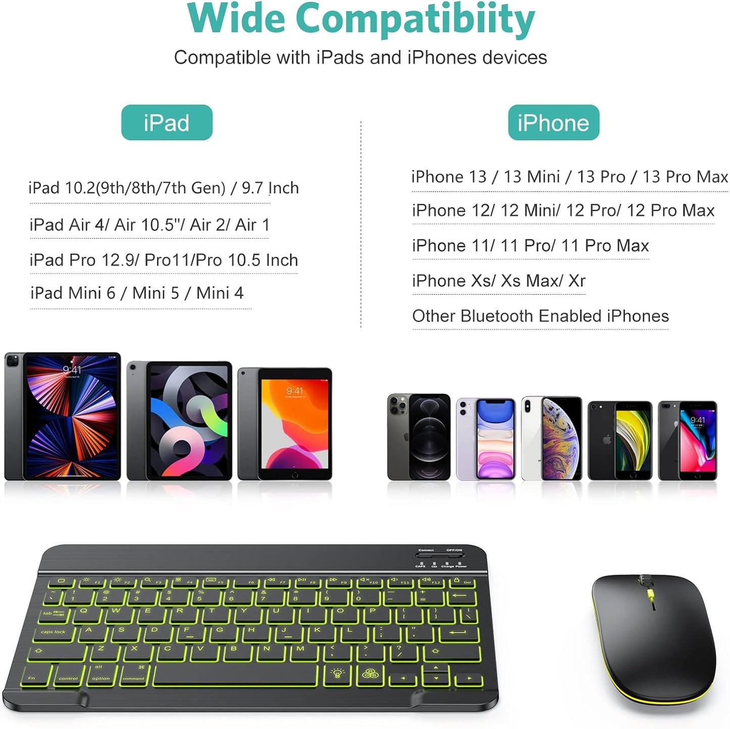 Bluetooth Keyboard and Mouse Combo for Ipad - Rechargeable Wireless Keyboard & Mouse with 7-Color Backlit Compatible with Ipad 10Th/9Th/8Th Gen, Ipad Pro/Air/Mini, Iphone15/14/13 Pro, Black