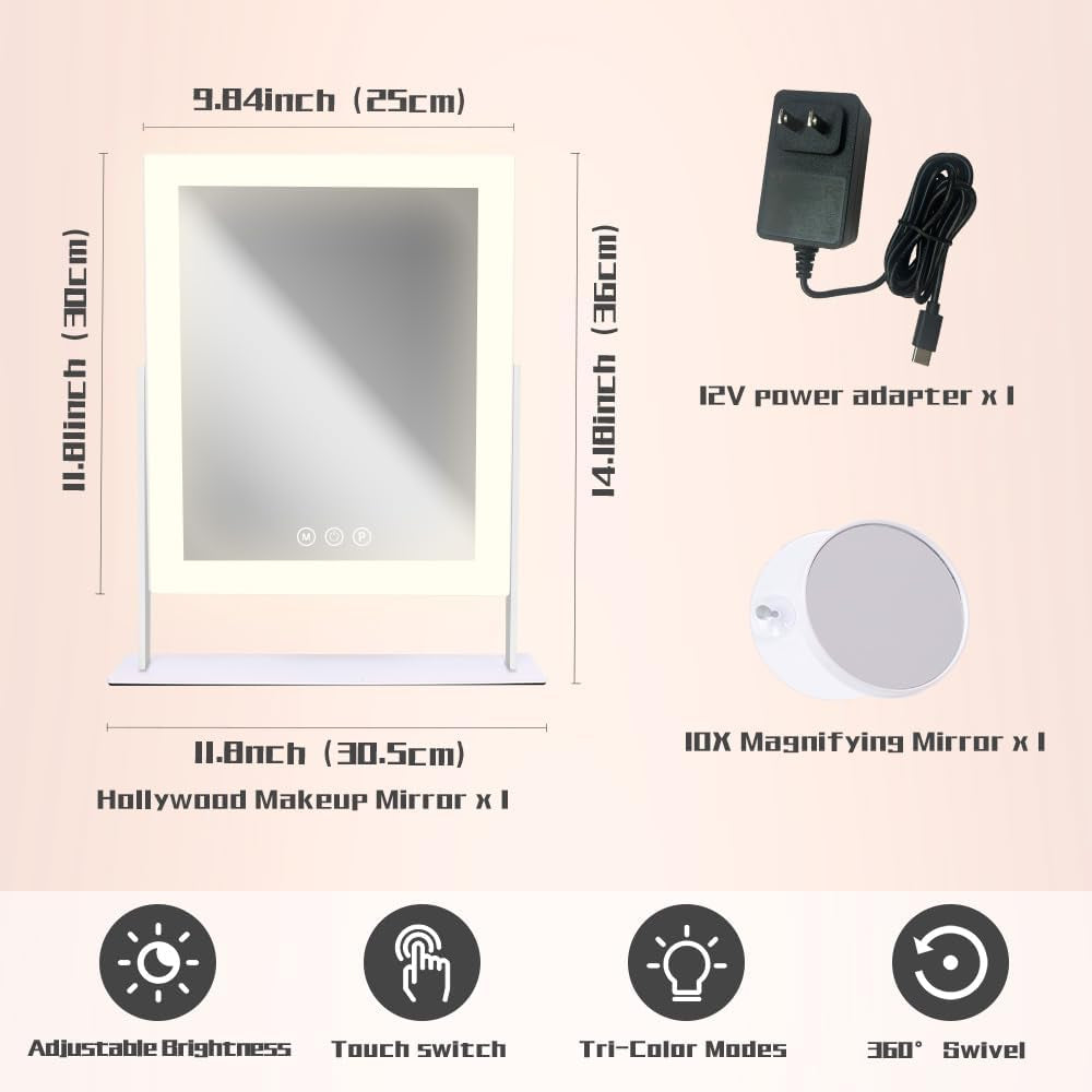 Lighted Makeup Mirror, Hollywood Makeup Mirror with Lights, 3 Color Lighting Modes Vanity Mirror with Lights, 10X Magnification, 360°Rotation(12 Inch)