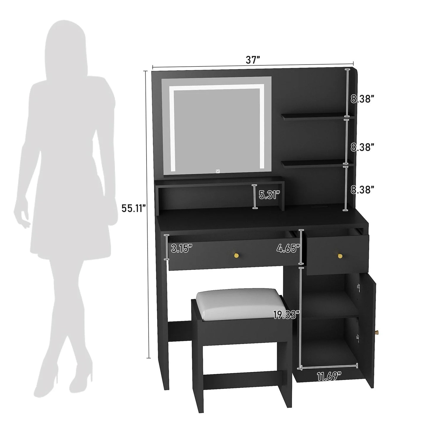 Black Vanity Desk Set with LED Light Mirror & Power Outlet, Makeup Table with 3 Shelves & 2 Drawers & 3 Level Adjustable Cabinet & Makeup Vanity Stool for Women, Girls(Black-37")