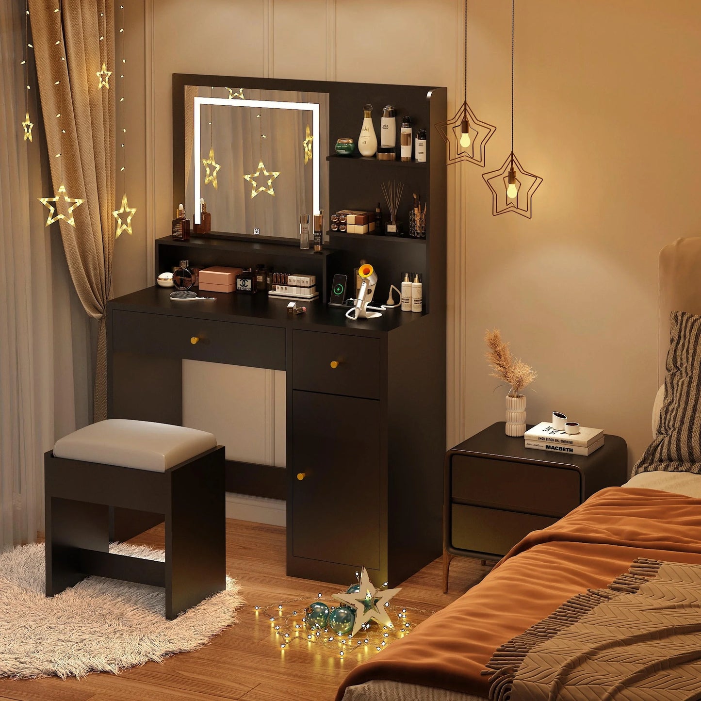 Black Vanity Desk Set with LED Light Mirror & Power Outlet, Makeup Table with 3 Shelves & 2 Drawers & 3 Level Adjustable Cabinet & Makeup Vanity Stool for Women, Girls(Black-37")