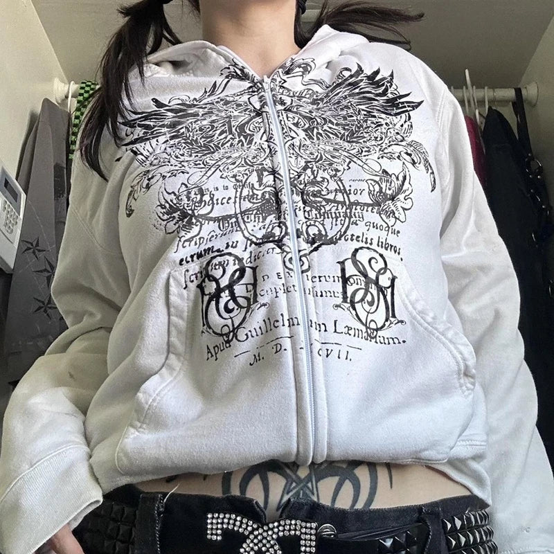 Y2K Grunge Graphic Long Sleeve Hooded Sweatshirt Harajuku Women