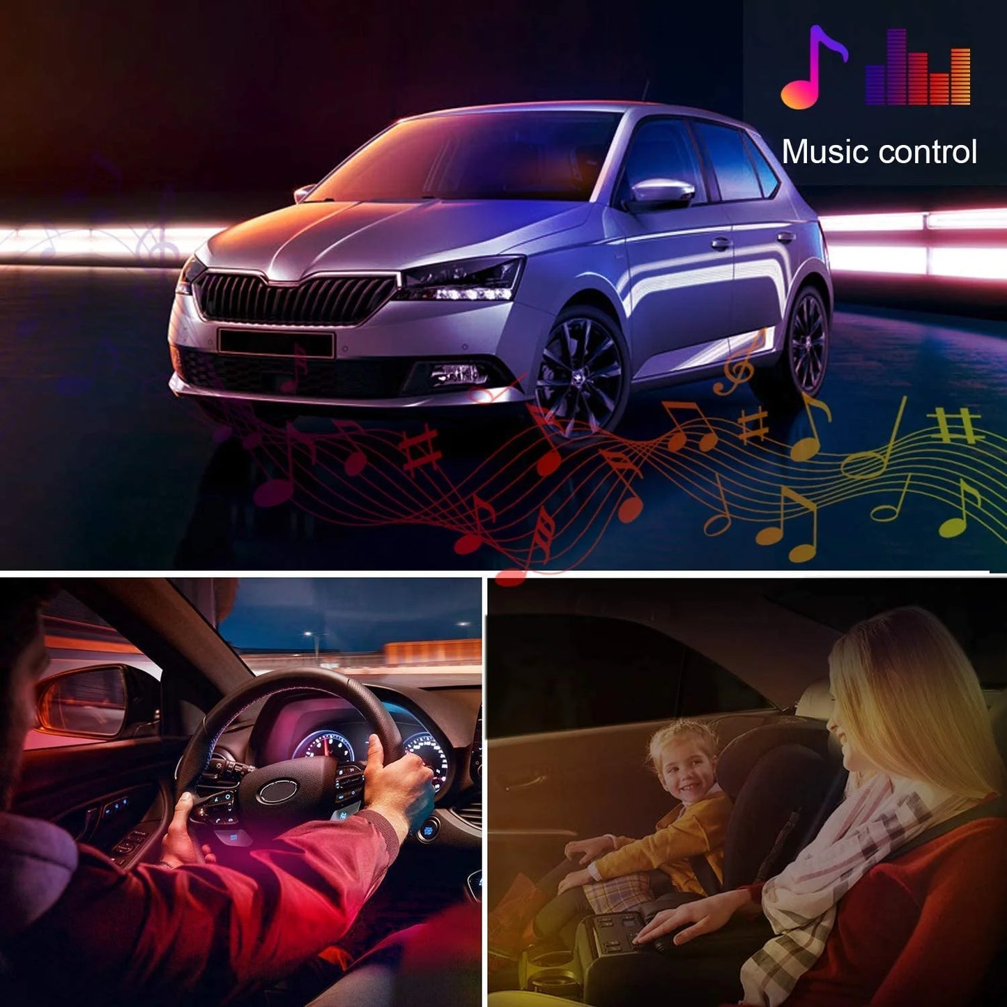 Multi-Color Strip Lights with App Control, Smart Interior 48 LED Car Lights with Music Mode, USB Powered under Dash Interior Lights for Cars, Suvs, 4 Pcs