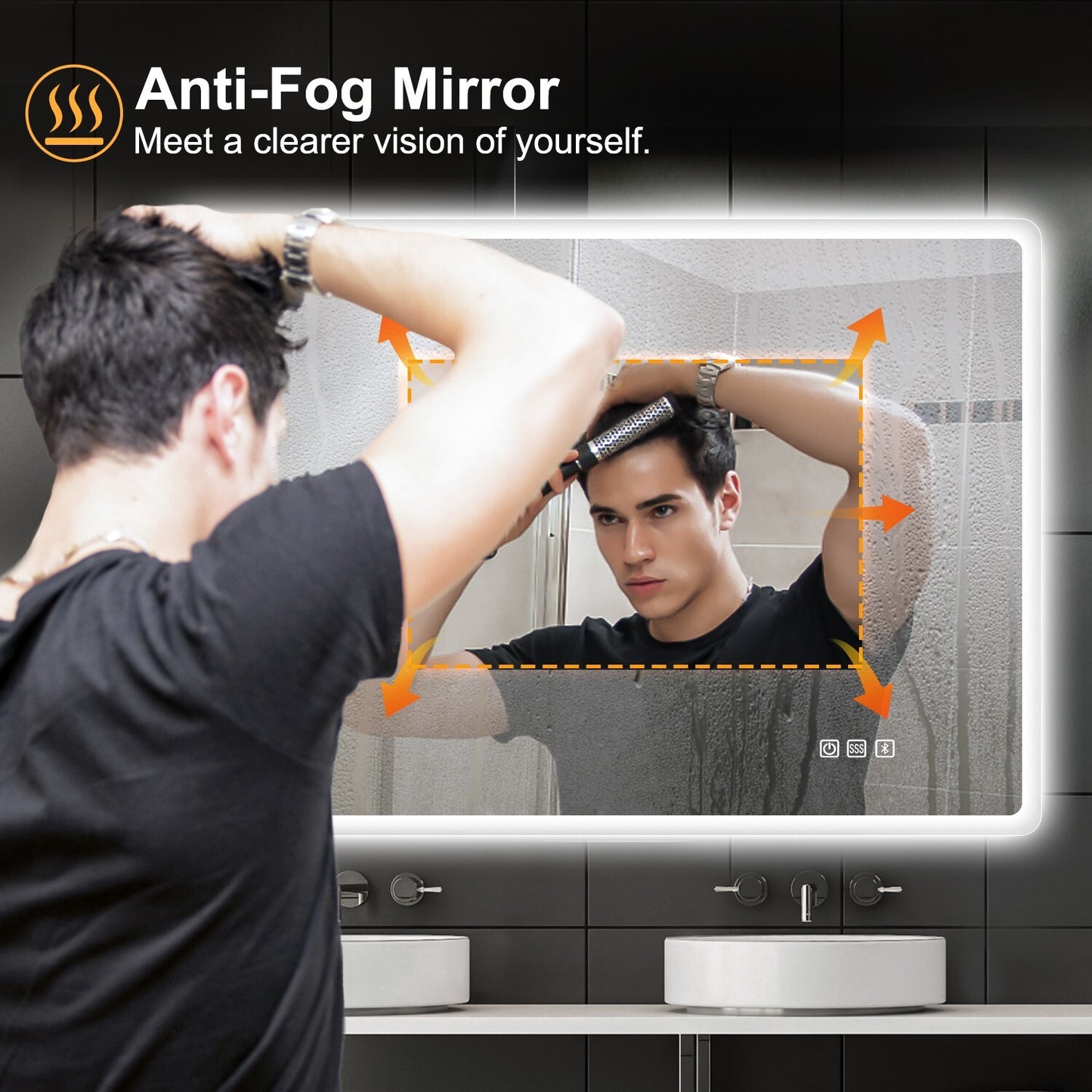 LED Ligthted Bathroom Mirror Vanity Makeup Anti-Fog Dimmable Large Mirror Plug