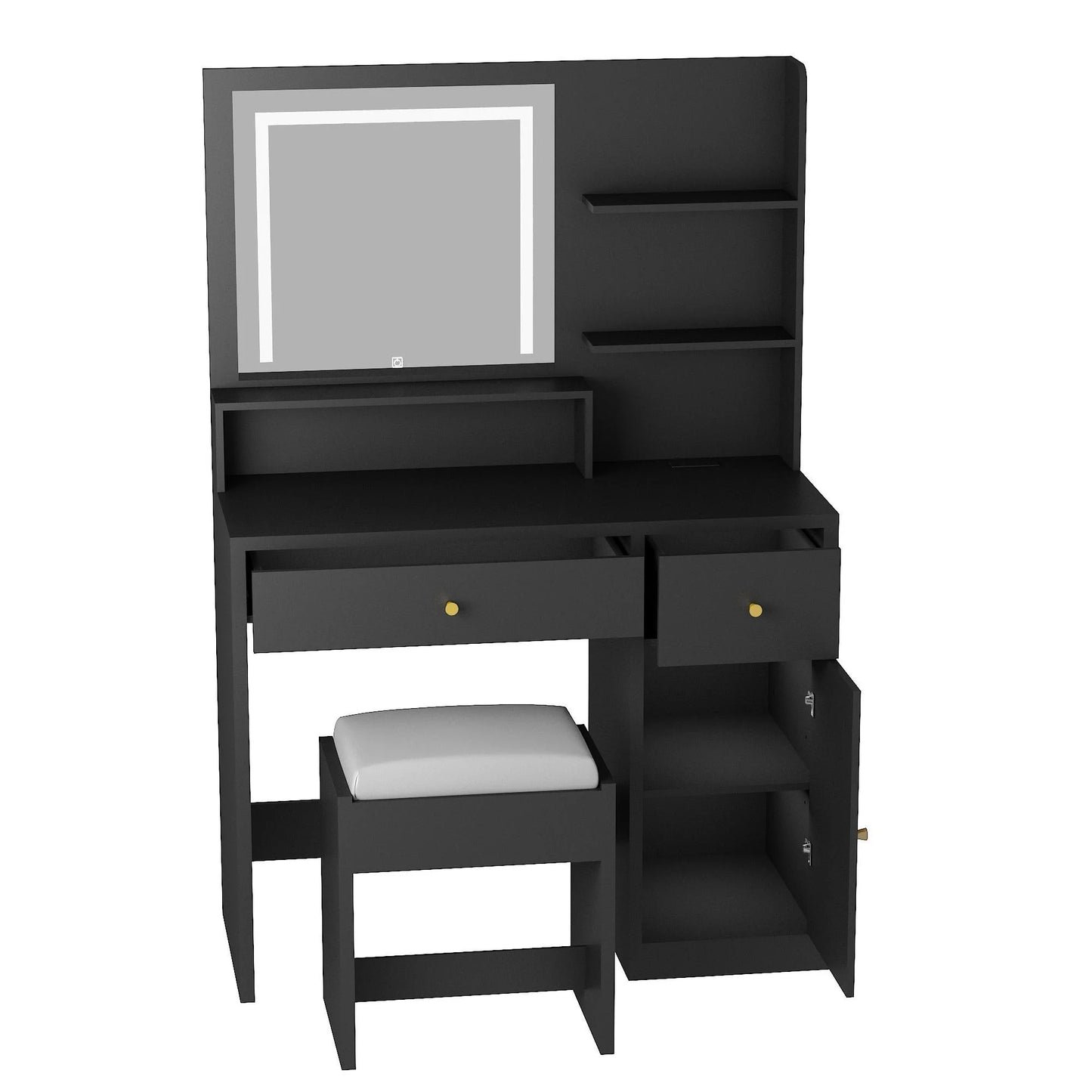 Black Vanity Desk Set with LED Light Mirror & Power Outlet, Makeup Table with 3 Shelves & 2 Drawers & 3 Level Adjustable Cabinet & Makeup Vanity Stool for Women, Girls(Black-37")