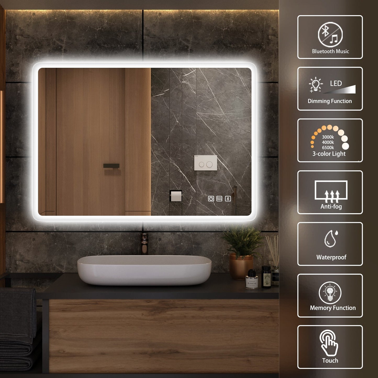 LED Ligthted Bathroom Mirror Vanity Makeup Anti-Fog Dimmable Large Mirror Plug