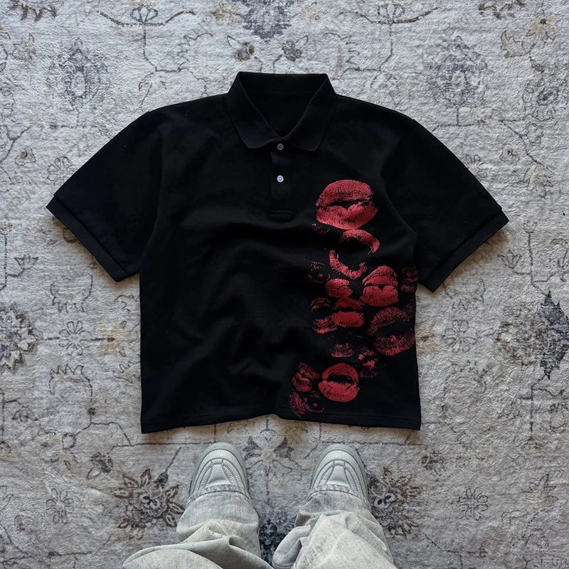 Y2K Polo Shirt Harajuku Graphic Print Rock Goth Oversized Short Sleeve T-Shirt Hip Hop Button-Down Collar Shirt Punk Casual Tee