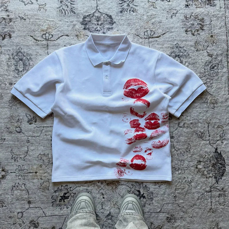 Y2K Polo Shirt Harajuku Graphic Print Rock Goth Oversized Short Sleeve T-Shirt Hip Hop Button-Down Collar Shirt Punk Casual Tee