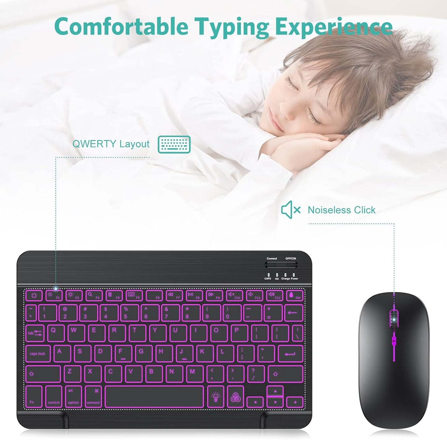 Bluetooth Keyboard and Mouse Combo for Ipad - Rechargeable Wireless Keyboard & Mouse with 7-Color Backlit Compatible with Ipad 10Th/9Th/8Th Gen, Ipad Pro/Air/Mini, Iphone15/14/13 Pro, Black