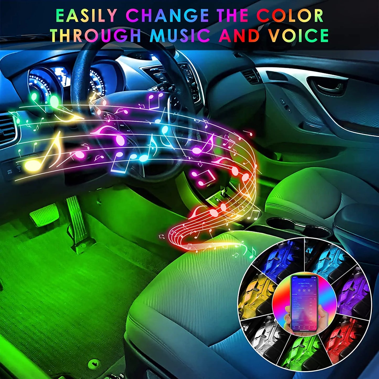 Multi-Color Strip Lights with App Control, Smart Interior 48 LED Car Lights with Music Mode, USB Powered under Dash Interior Lights for Cars, Suvs, 4 Pcs