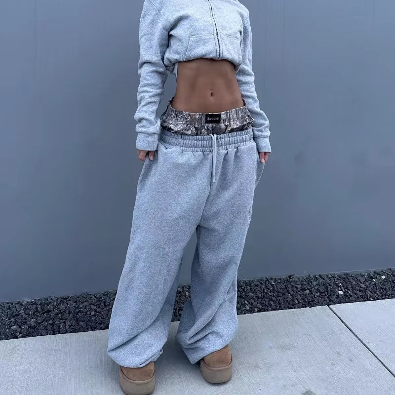 Y2K Retro Sweatpants Double Waisted Embroidered Camouflage Pattern Wide Leg Pants Men Trend Casual Streetwear Unisex Baggy Pants