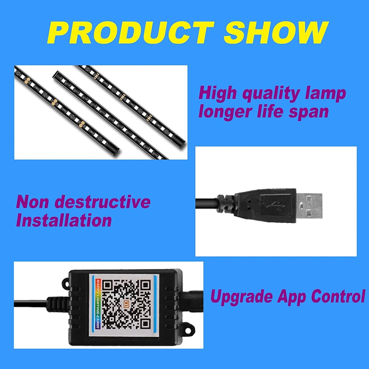 Multi-Color Strip Lights with App Control, Smart Interior 48 LED Car Lights with Music Mode, USB Powered under Dash Interior Lights for Cars, Suvs, 4 Pcs