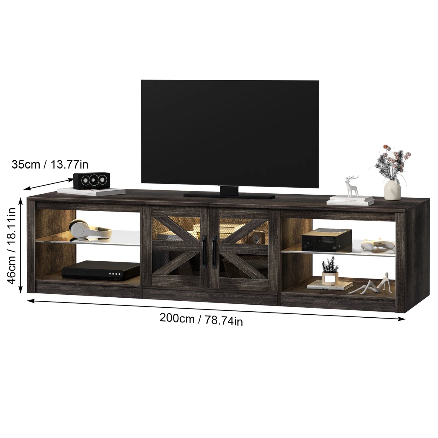 TV Cabinet, 78" Wood Sliding Barn Door Media TV Console Table with LED Light, APP Control Storage Shelf TV Stand for Living Room