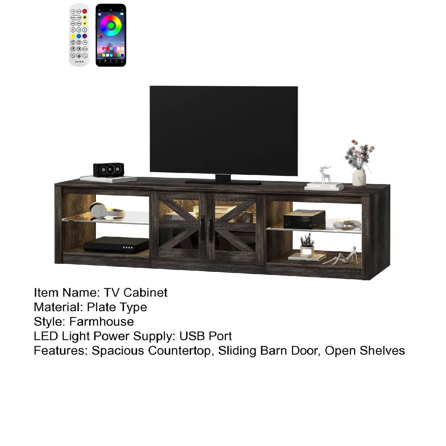 TV Cabinet, 78" Wood Sliding Barn Door Media TV Console Table with LED Light, APP Control Storage Shelf TV Stand for Living Room