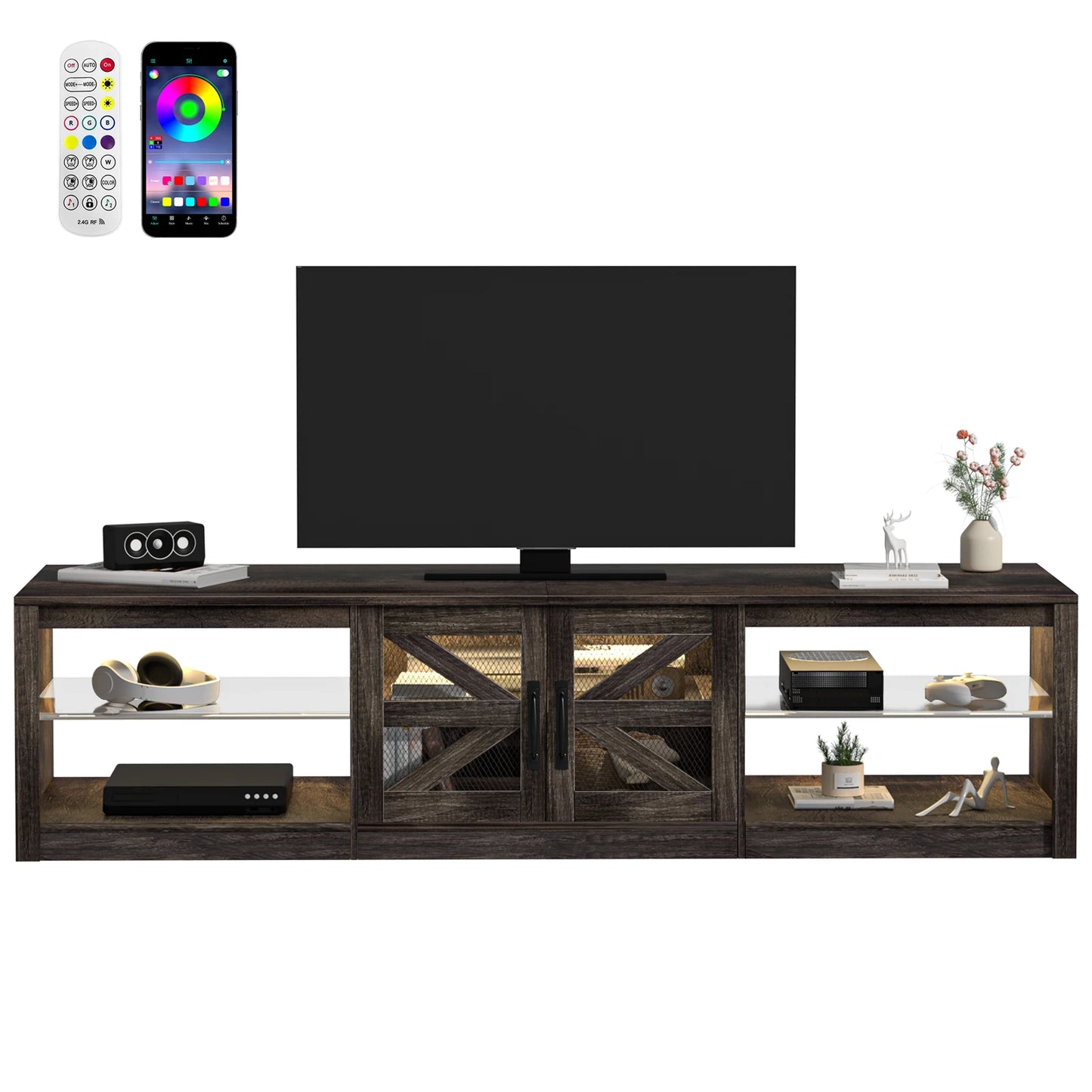 TV Cabinet, 78" Wood Sliding Barn Door Media TV Console Table with LED Light, APP Control Storage Shelf TV Stand for Living Room