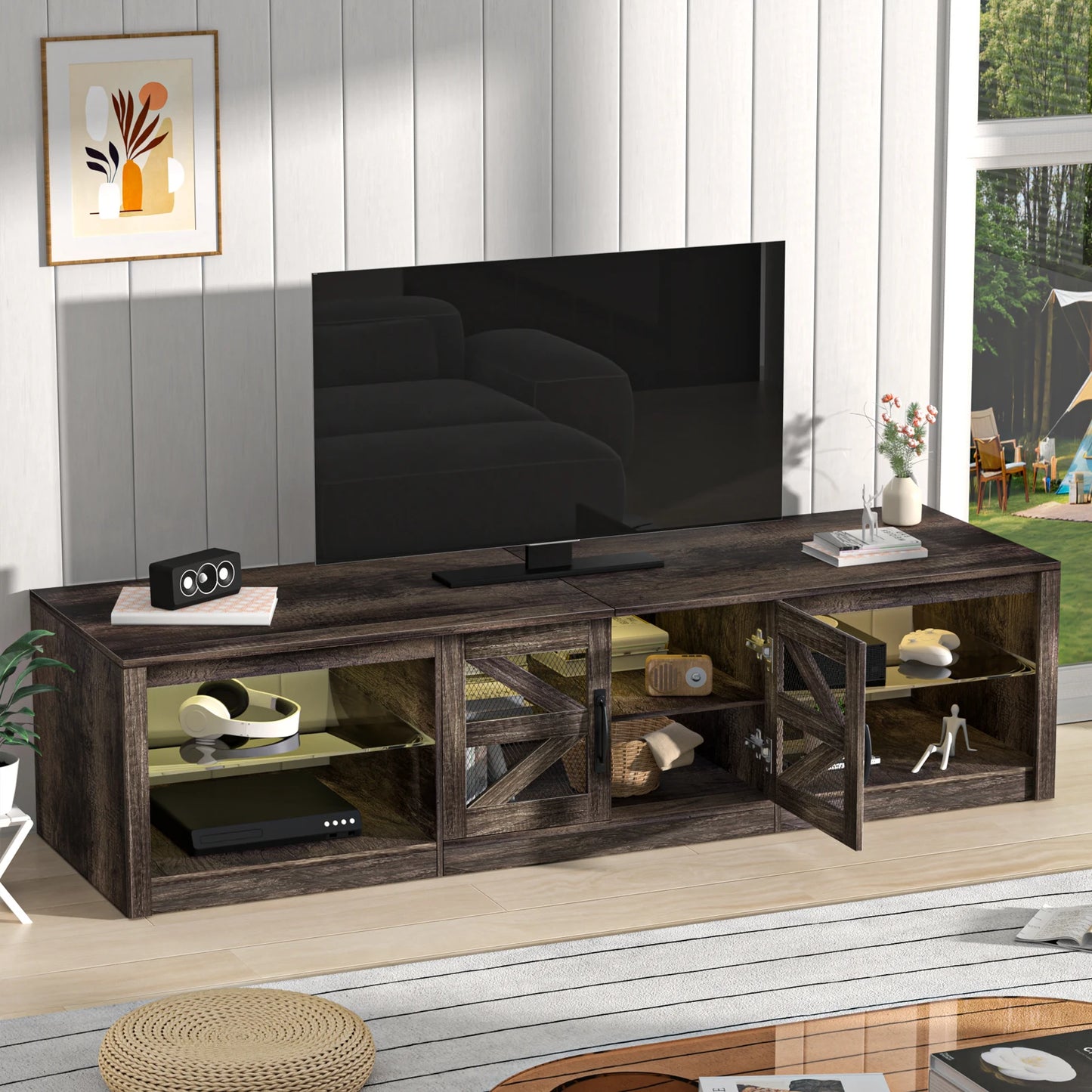 TV Cabinet, 78" Wood Sliding Barn Door Media TV Console Table with LED Light, APP Control Storage Shelf TV Stand for Living Room