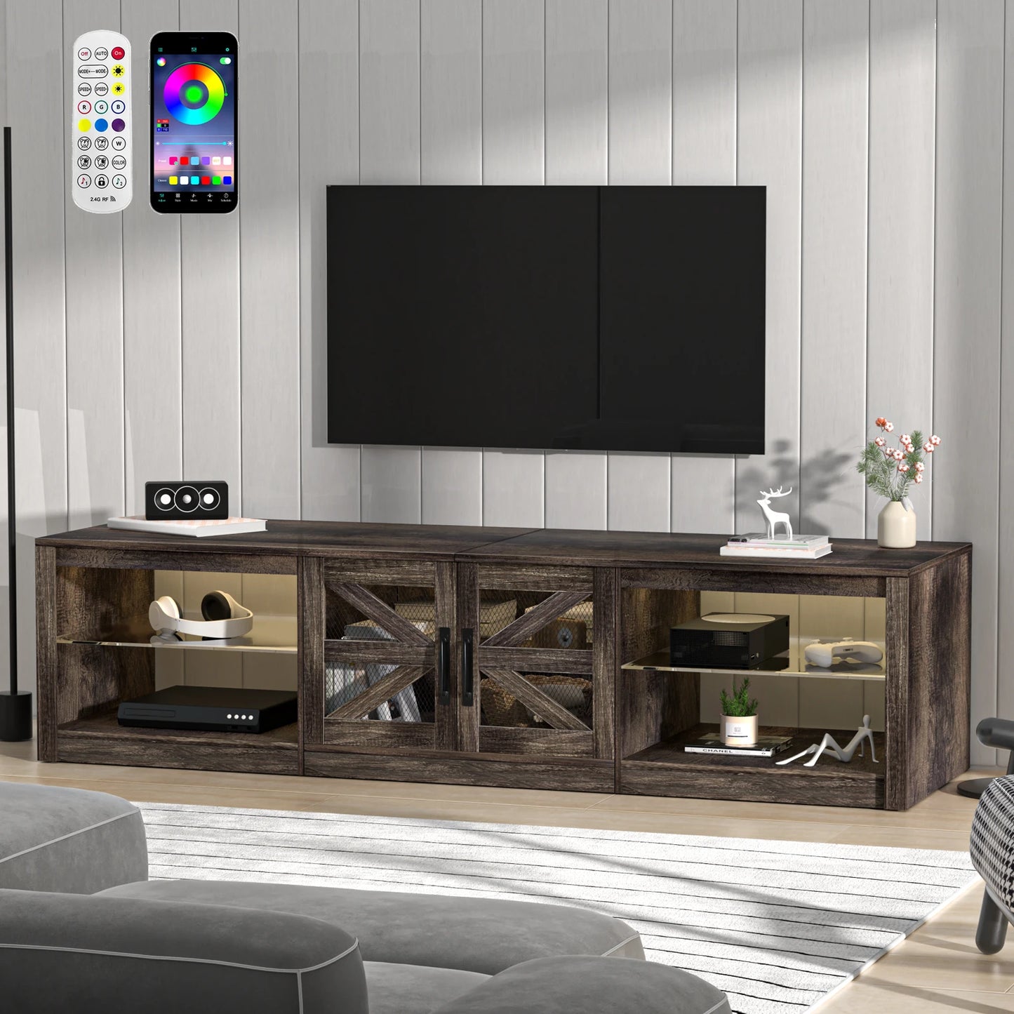 TV Cabinet, 78" Wood Sliding Barn Door Media TV Console Table with LED Light, APP Control Storage Shelf TV Stand for Living Room