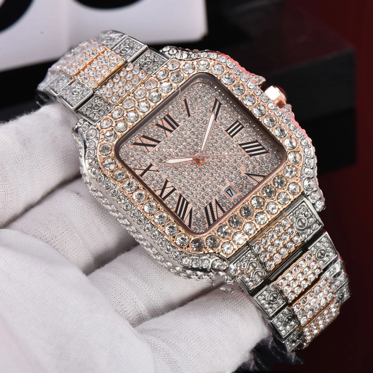2025 Luxury Diamond Watch for Men Hip Hop Style Bling Bling Iced Out Wristwatch Fashion Square Stainless Steel Waterproof Clock
