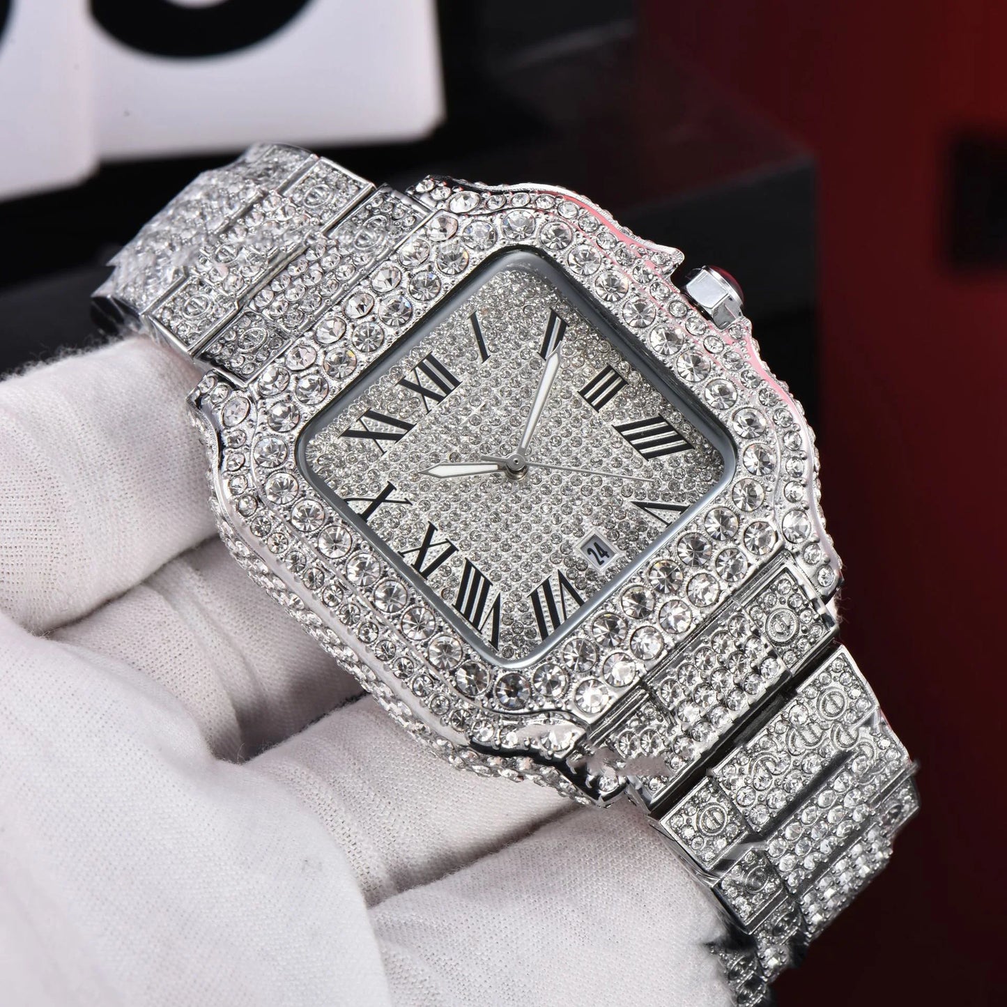 2025 Luxury Diamond Watch for Men Hip Hop Style Bling Bling Iced Out Wristwatch Fashion Square Stainless Steel Waterproof Clock