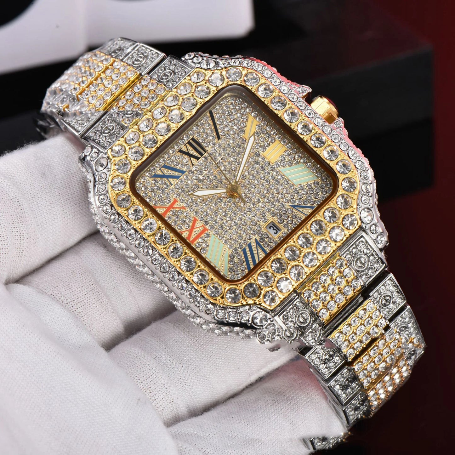 2025 Luxury Diamond Watch for Men Hip Hop Style Bling Bling Iced Out Wristwatch Fashion Square Stainless Steel Waterproof Clock