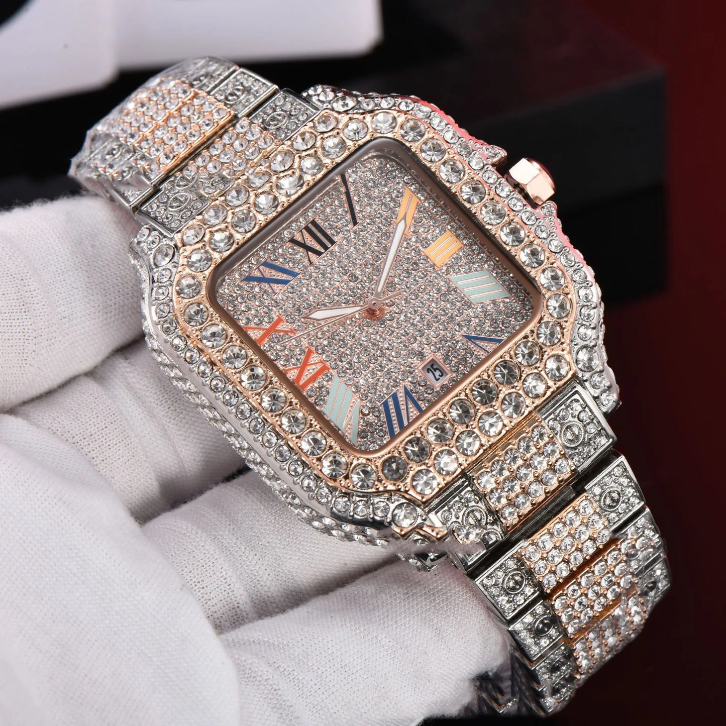 2025 Luxury Diamond Watch for Men Hip Hop Style Bling Bling Iced Out Wristwatch Fashion Square Stainless Steel Waterproof Clock