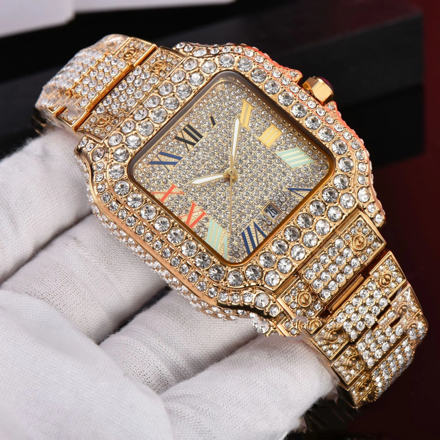 2025 Luxury Diamond Watch for Men Hip Hop Style Bling Bling Iced Out Wristwatch Fashion Square Stainless Steel Waterproof Clock