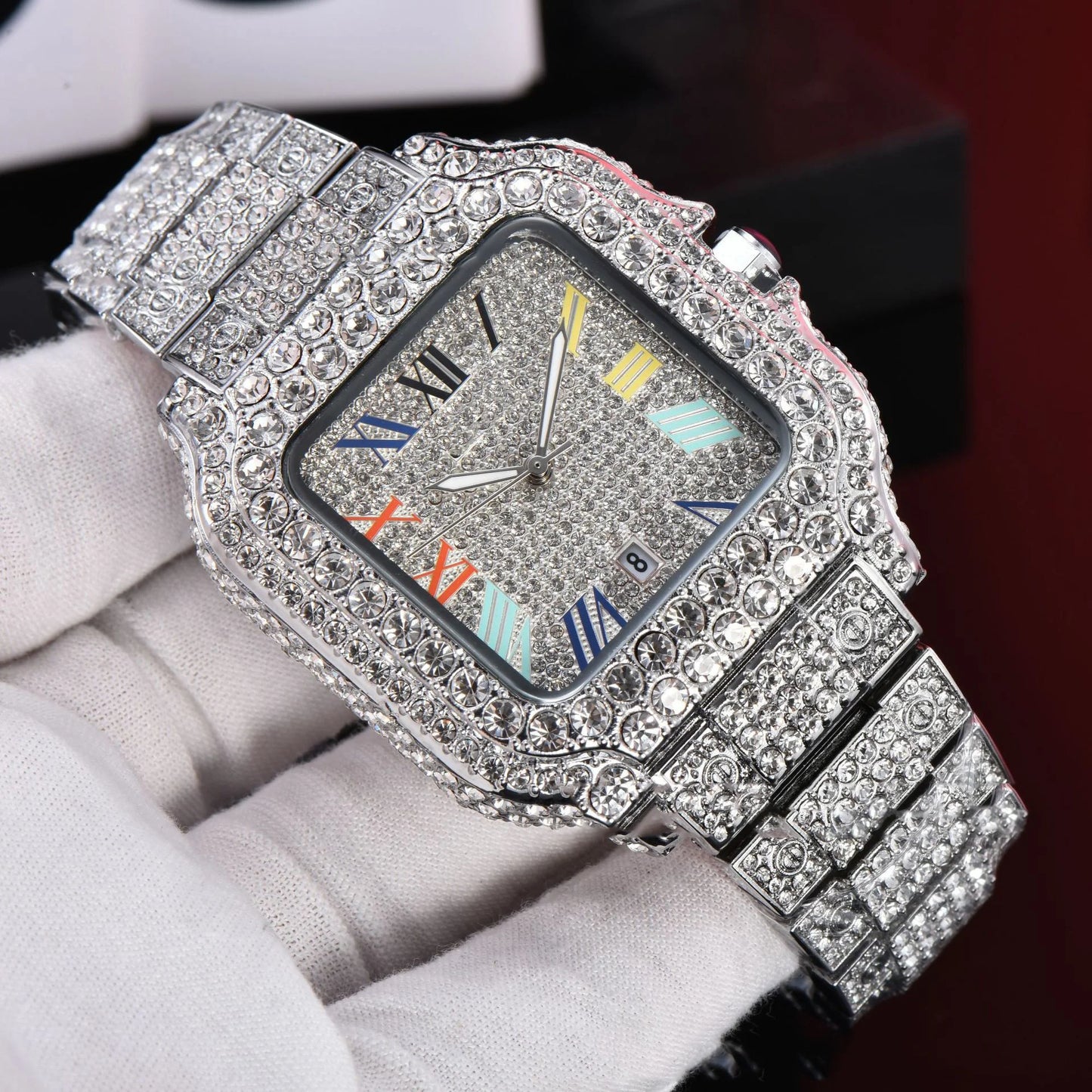 2025 Luxury Diamond Watch for Men Hip Hop Style Bling Bling Iced Out Wristwatch Fashion Square Stainless Steel Waterproof Clock