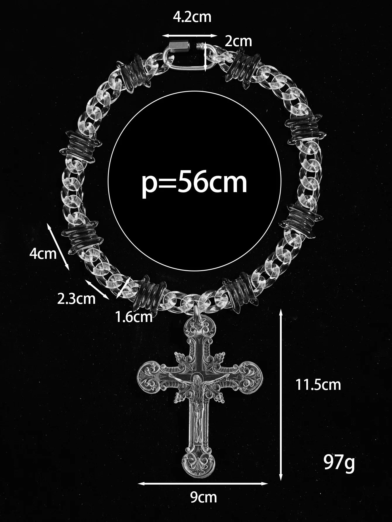 Iridescent Clear Big Jesus Christ Cross Acrylic Pendant Necklace for Women Men Hiphop Barbed Wire Chain Necklace Jewelry Gift