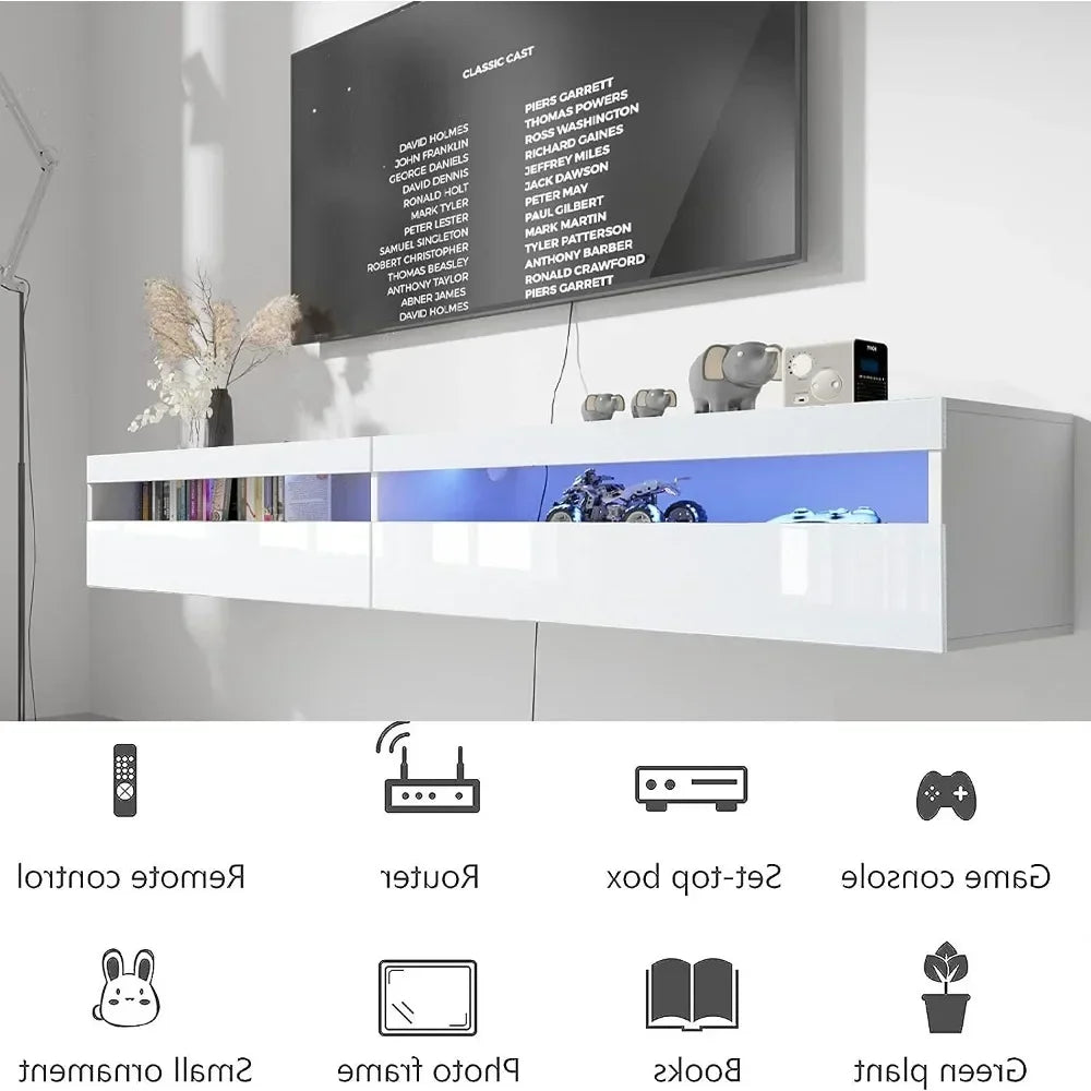 Floating TV Stand, Wall Mount TV Stand with LED Light and Power Outlet, 71 Inch Modern Entertainment Center