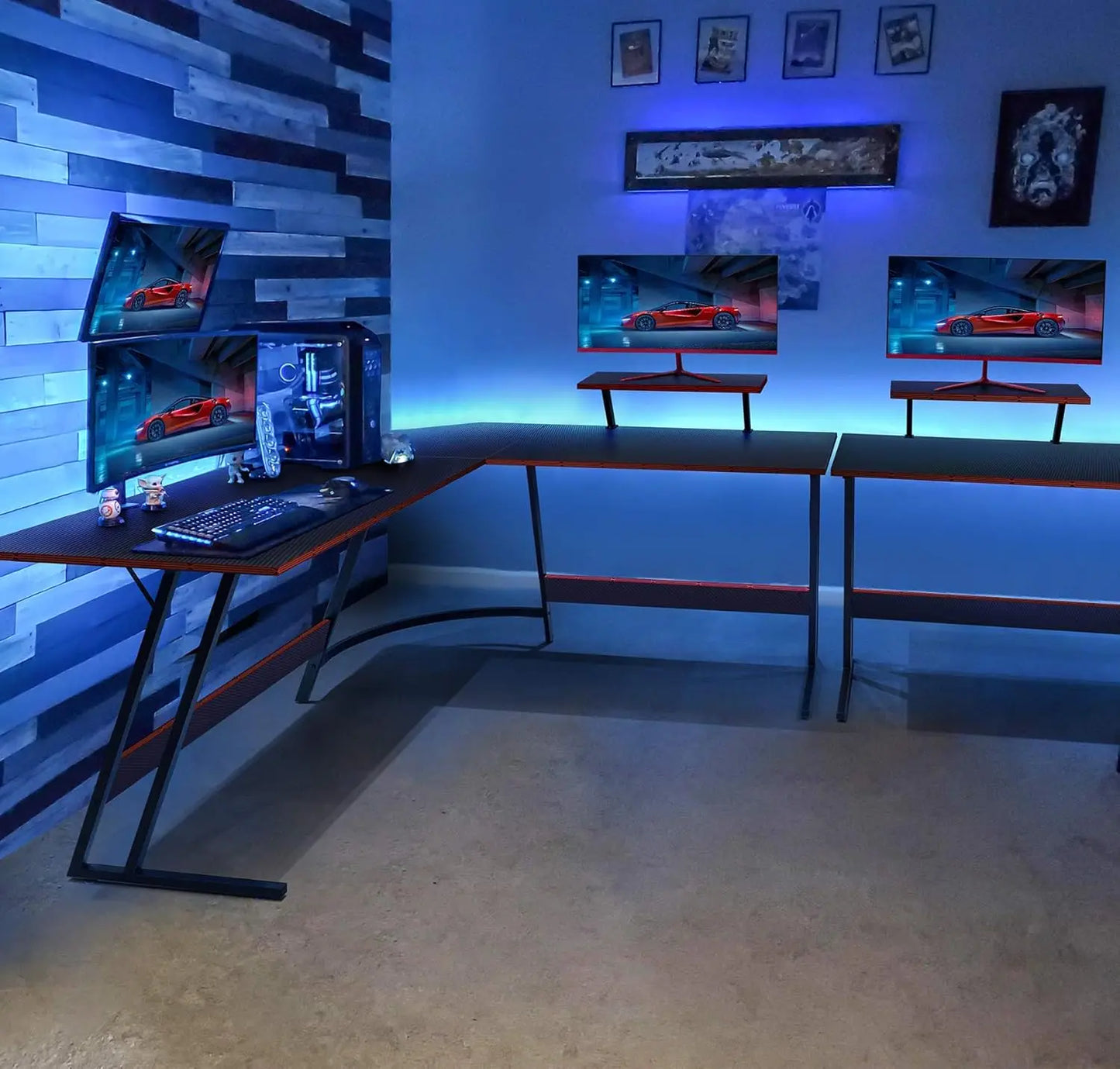 L Shaped Gaming Desk Computer Corner Desk PC Gaming Desk Table with Large Monitor Riser Stand for Home Office Sturdy Writing