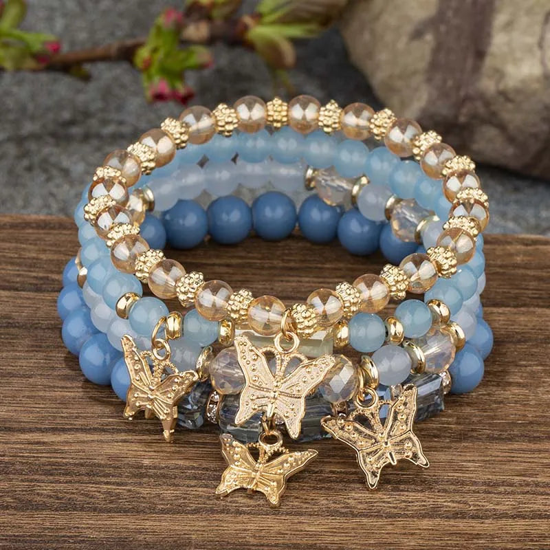 4Pcs Trendy Butterfly Beaded Bracelet Set for Women Pink Acrylic Beads Elastic Chain Bangle Female Bohemian Party Jewelry Gift