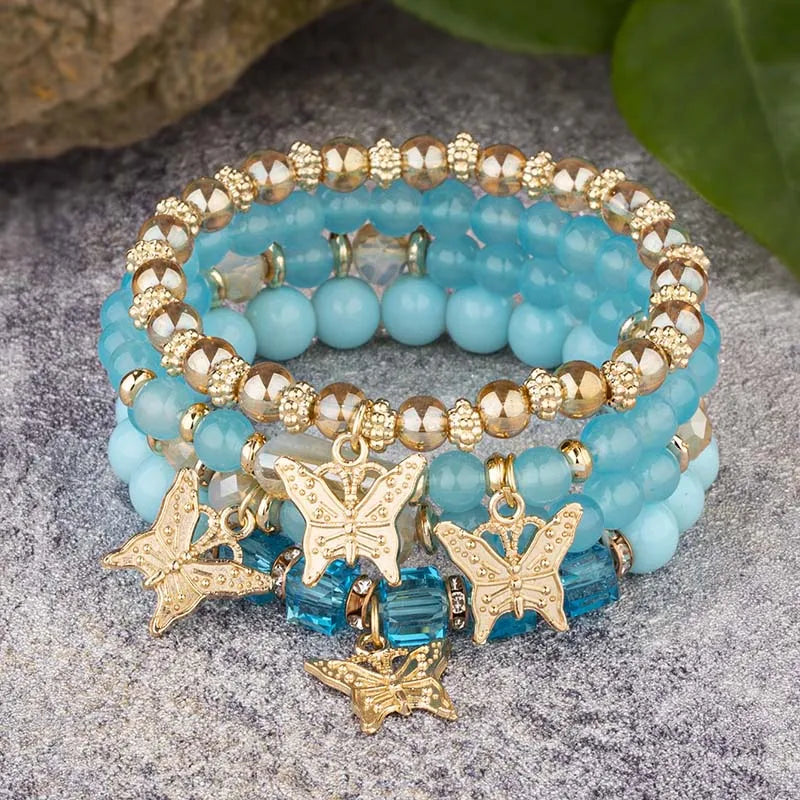 4Pcs Trendy Butterfly Beaded Bracelet Set for Women Pink Acrylic Beads Elastic Chain Bangle Female Bohemian Party Jewelry Gift