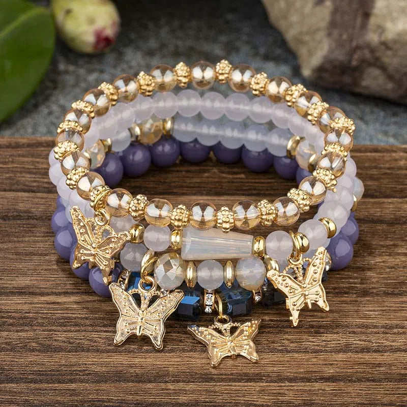 4Pcs Trendy Butterfly Beaded Bracelet Set for Women Pink Acrylic Beads Elastic Chain Bangle Female Bohemian Party Jewelry Gift