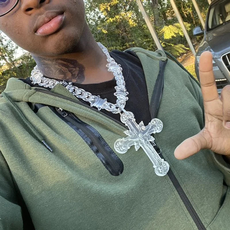 Iridescent Clear Big Jesus Christ Cross Acrylic Pendant Necklace for Women Men Hiphop Barbed Wire Chain Necklace Jewelry Gift