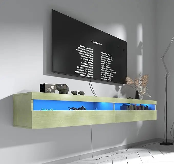 Floating TV Stand, Wall Mount TV Stand with LED Light and Power Outlet, 71 Inch Modern Entertainment Center