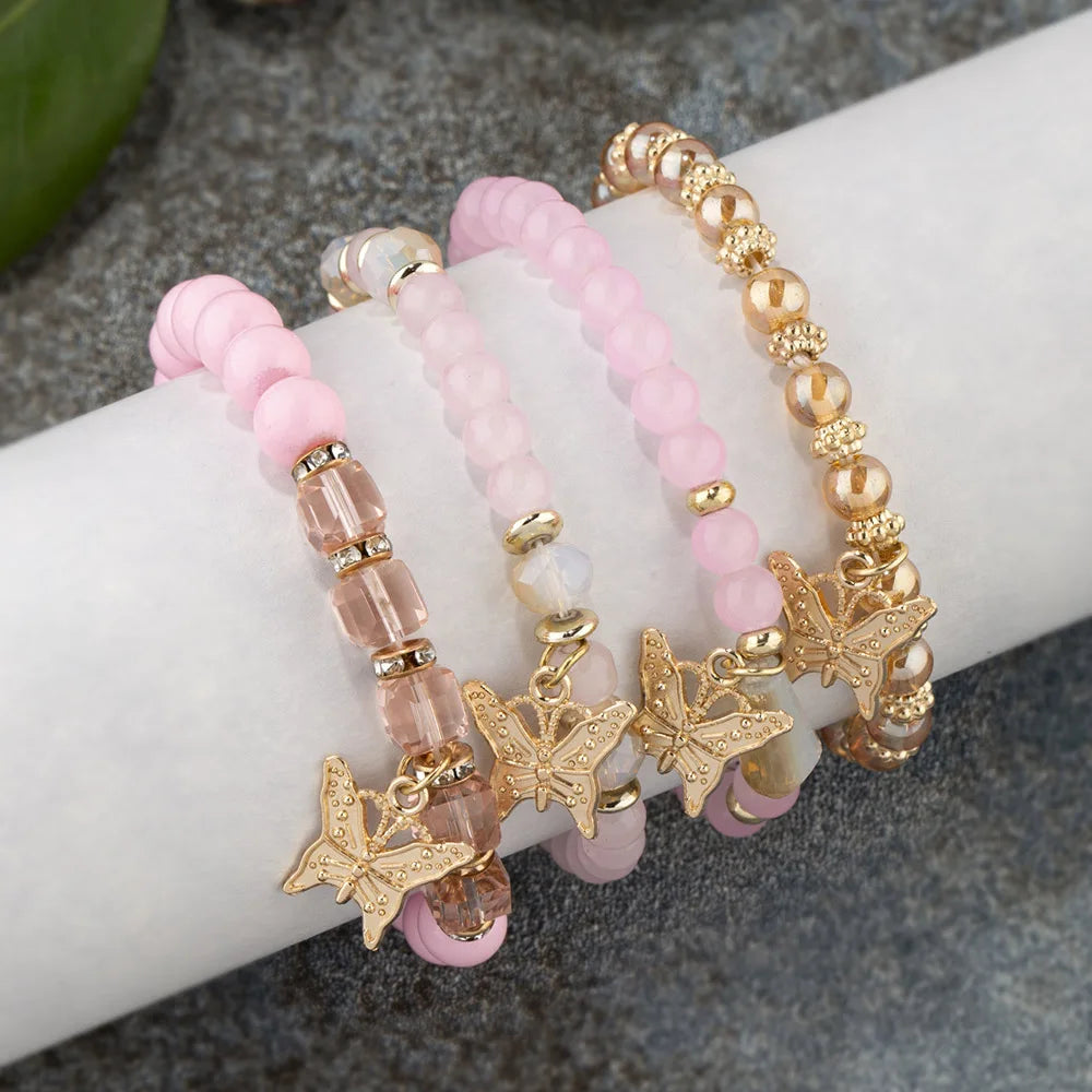 4Pcs Trendy Butterfly Beaded Bracelet Set for Women Pink Acrylic Beads Elastic Chain Bangle Female Bohemian Party Jewelry Gift