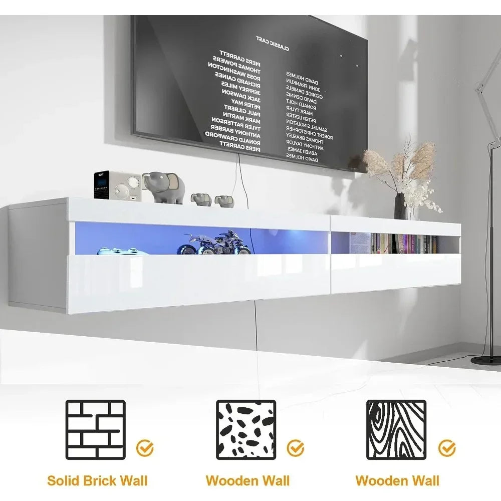 Floating TV Stand, Wall Mount TV Stand with LED Light and Power Outlet, 71 Inch Modern Entertainment Center