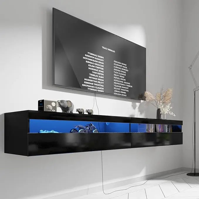Floating TV Stand, Wall Mount TV Stand with LED Light and Power Outlet, 71 Inch Modern Entertainment Center