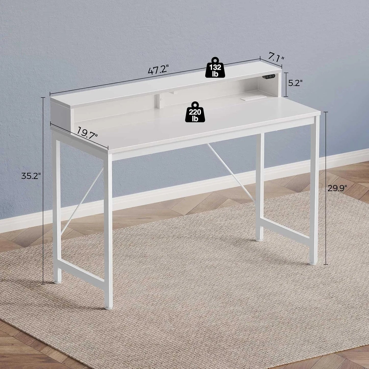 Computer Desk 47 Inch with LED Lights & Power Outlets, Home Office Desk with Monitor Shelf, Gaming Desk, Writing Desk, White