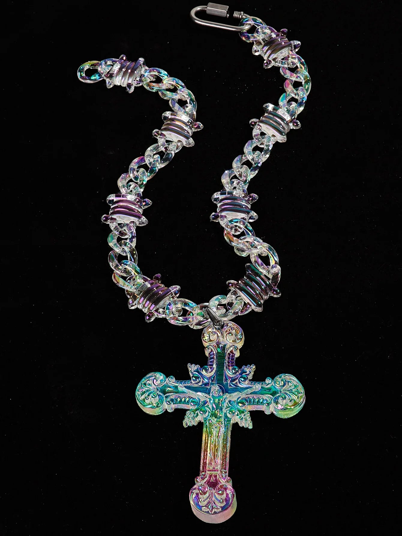 Iridescent Clear Big Jesus Christ Cross Acrylic Pendant Necklace for Women Men Hiphop Barbed Wire Chain Necklace Jewelry Gift