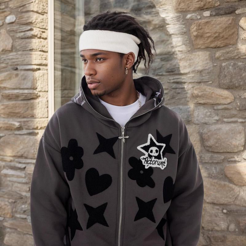 Stylish Streetwear Star Pattern Printfull Zip up Couples Hoodie Men Item Sweatshirt Varsity Jacke Y2K Outfits Men Sweaters Pullover Longsleeves Tops