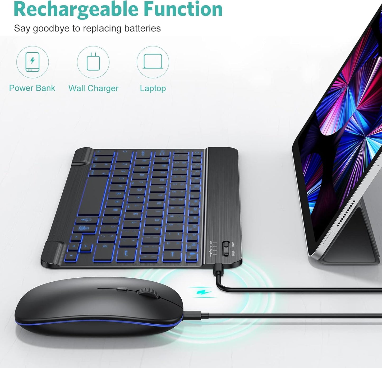 Bluetooth Keyboard and Mouse Combo for Ipad - Rechargeable Wireless Keyboard & Mouse with 7-Color Backlit Compatible with Ipad 10Th/9Th/8Th Gen, Ipad Pro/Air/Mini, Iphone15/14/13 Pro, Black