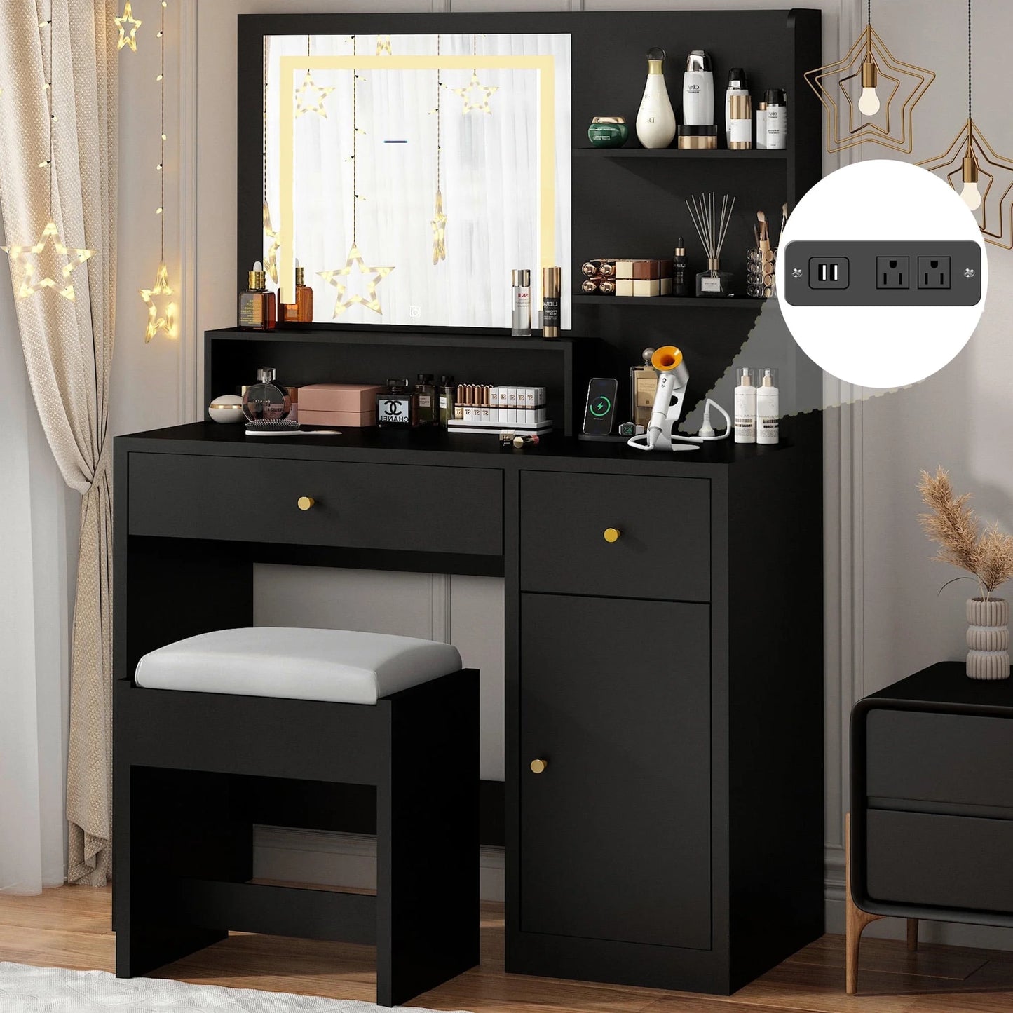 Black Vanity Desk Set with LED Light Mirror & Power Outlet, Makeup Table with 3 Shelves & 2 Drawers & 3 Level Adjustable Cabinet & Makeup Vanity Stool for Women, Girls(Black-37")