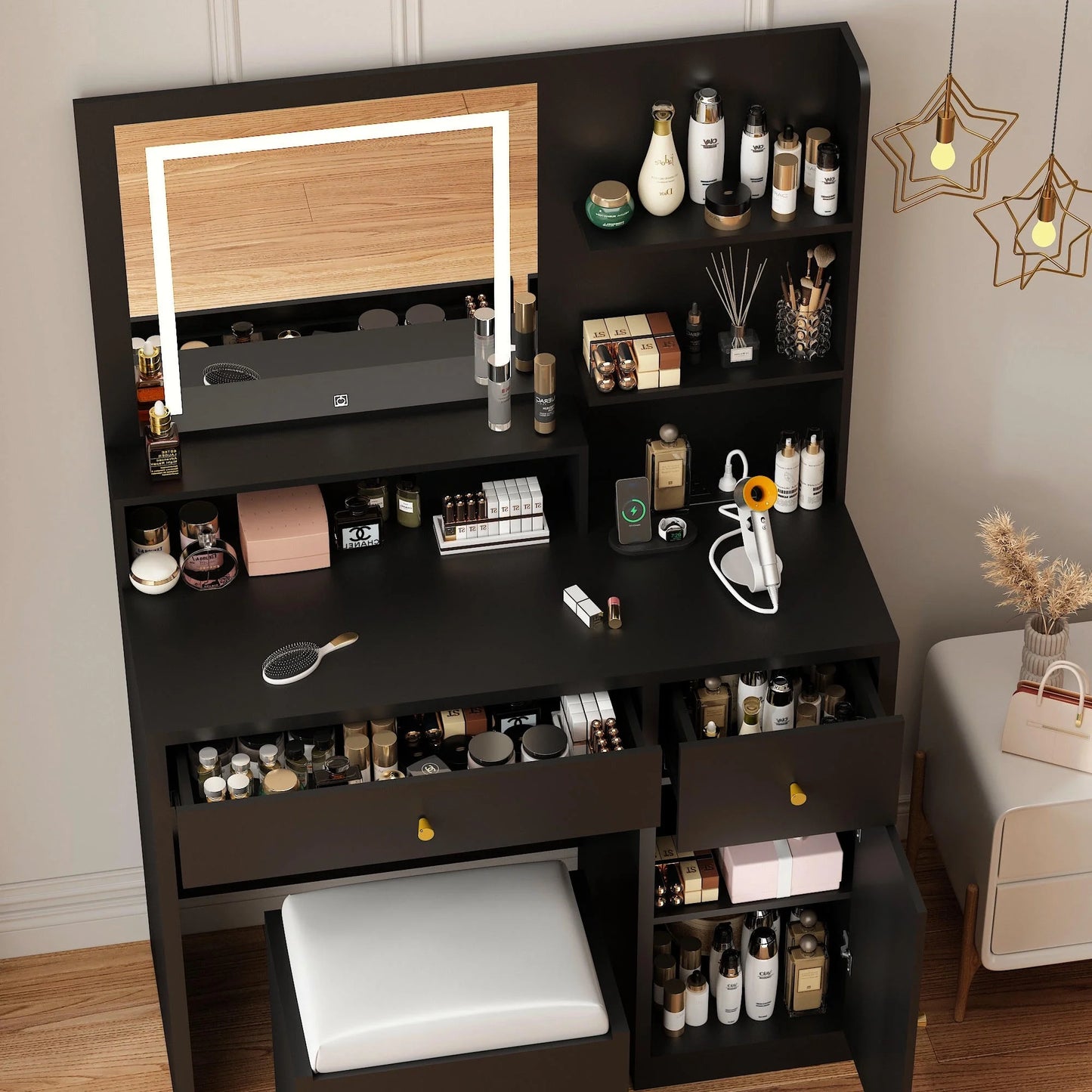 Black Vanity Desk Set with LED Light Mirror & Power Outlet, Makeup Table with 3 Shelves & 2 Drawers & 3 Level Adjustable Cabinet & Makeup Vanity Stool for Women, Girls(Black-37")