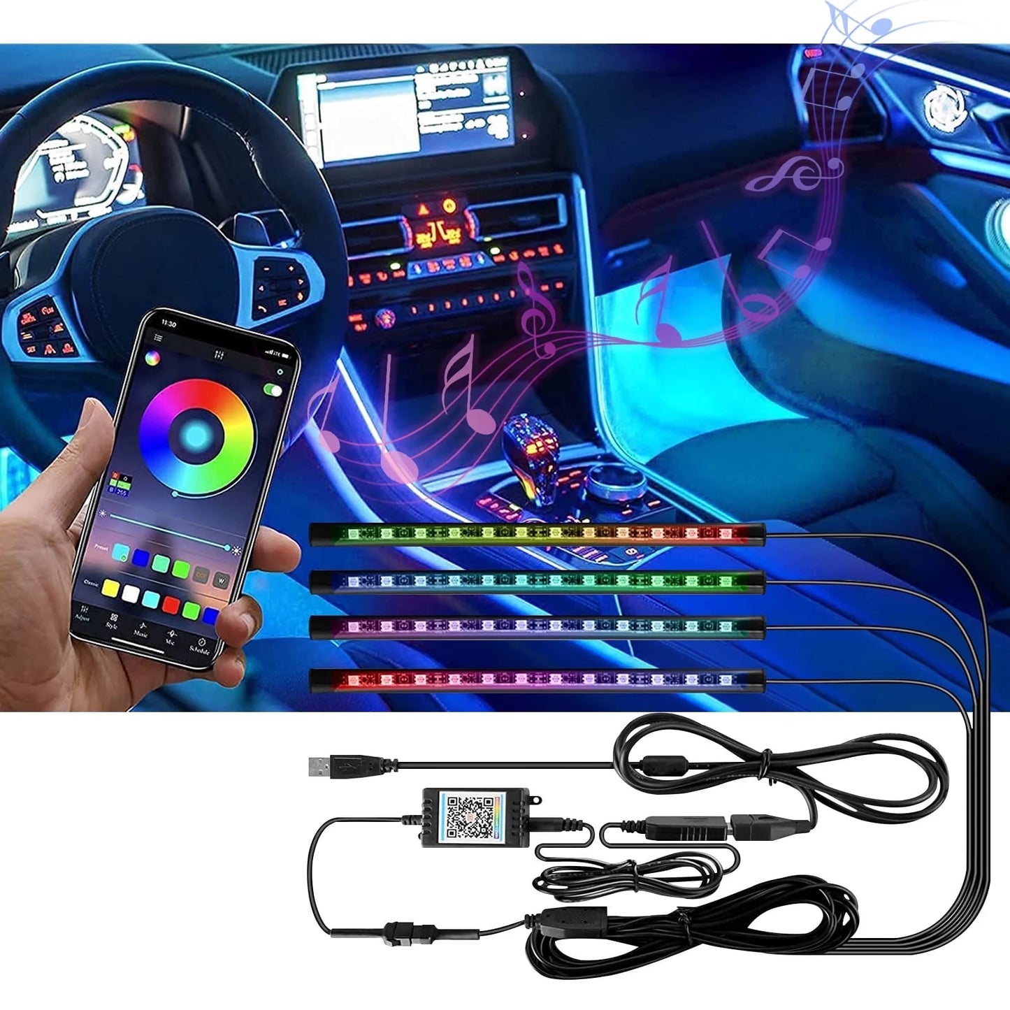 Multi-Color Strip Lights with App Control, Smart Interior 48 LED Car Lights with Music Mode, USB Powered under Dash Interior Lights for Cars, Suvs, 4 Pcs