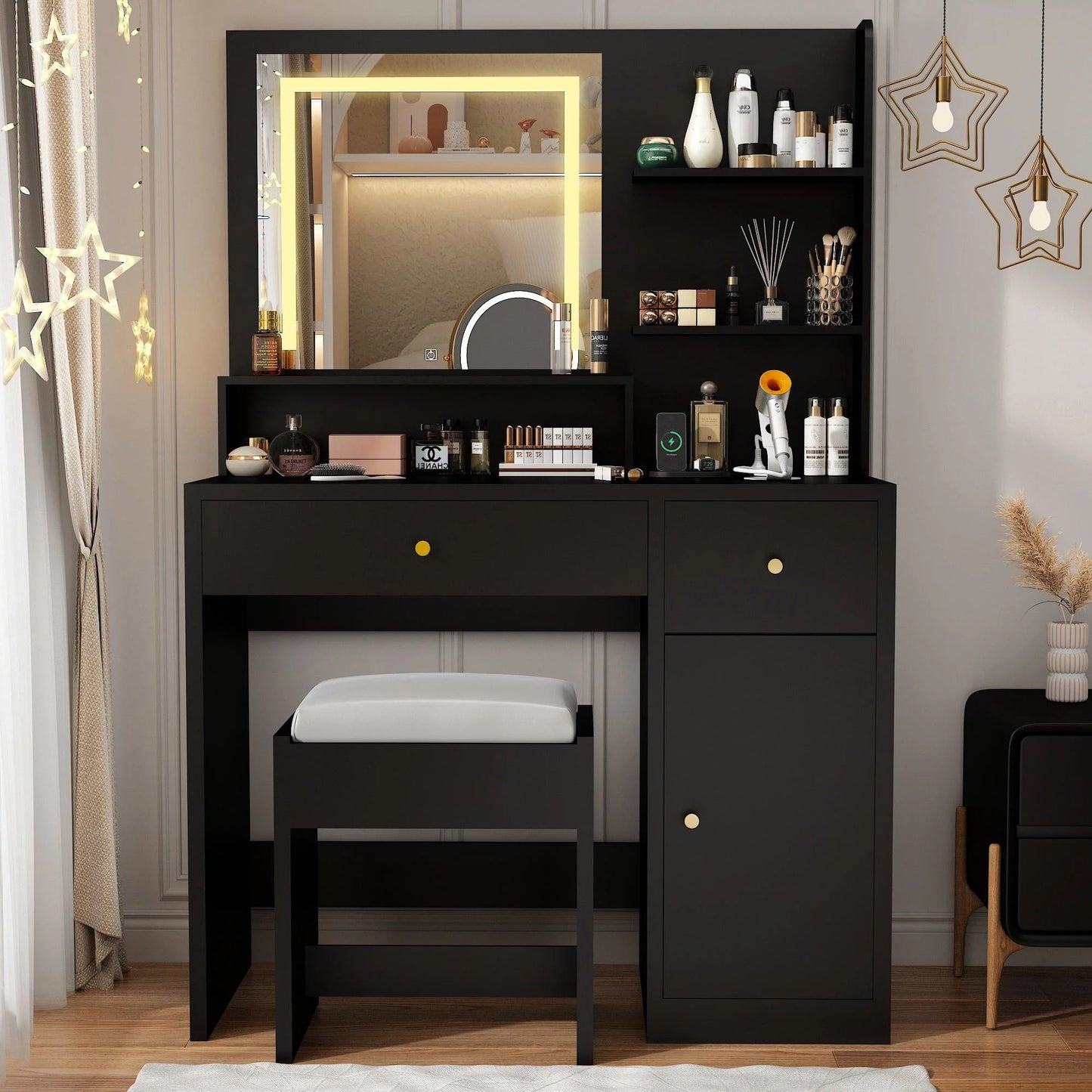 Black Vanity Desk Set with LED Light Mirror & Power Outlet, Makeup Table with 3 Shelves & 2 Drawers & 3 Level Adjustable Cabinet & Makeup Vanity Stool for Women, Girls(Black-37")