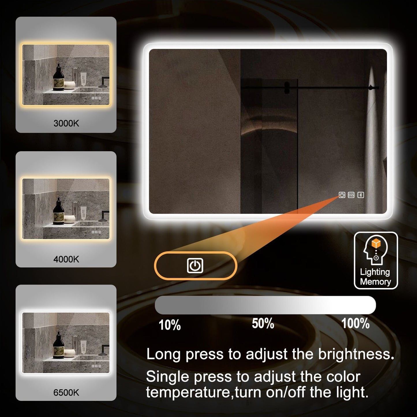 LED Ligthted Bathroom Mirror Vanity Makeup Anti-Fog Dimmable Large Mirror Plug