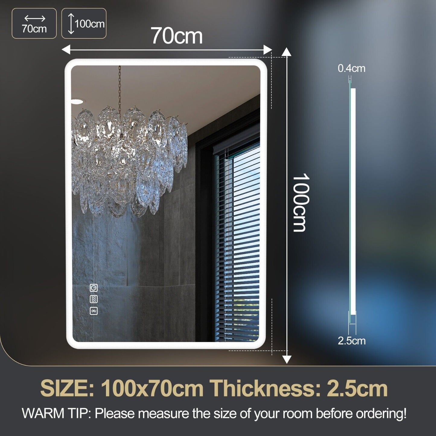 LED Ligthted Bathroom Mirror Vanity Makeup Anti-Fog Dimmable Large Mirror Plug
